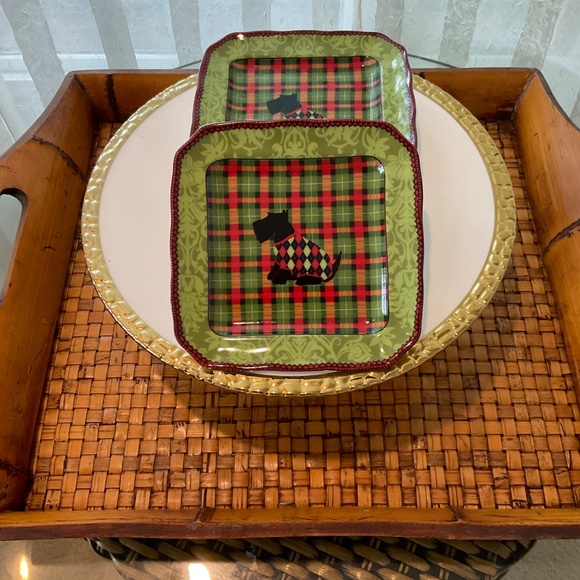 222 FIFTH Christmas Scotty Scottish Terrier Dog Argyle Appetizer Plates - Picture 2 of 6